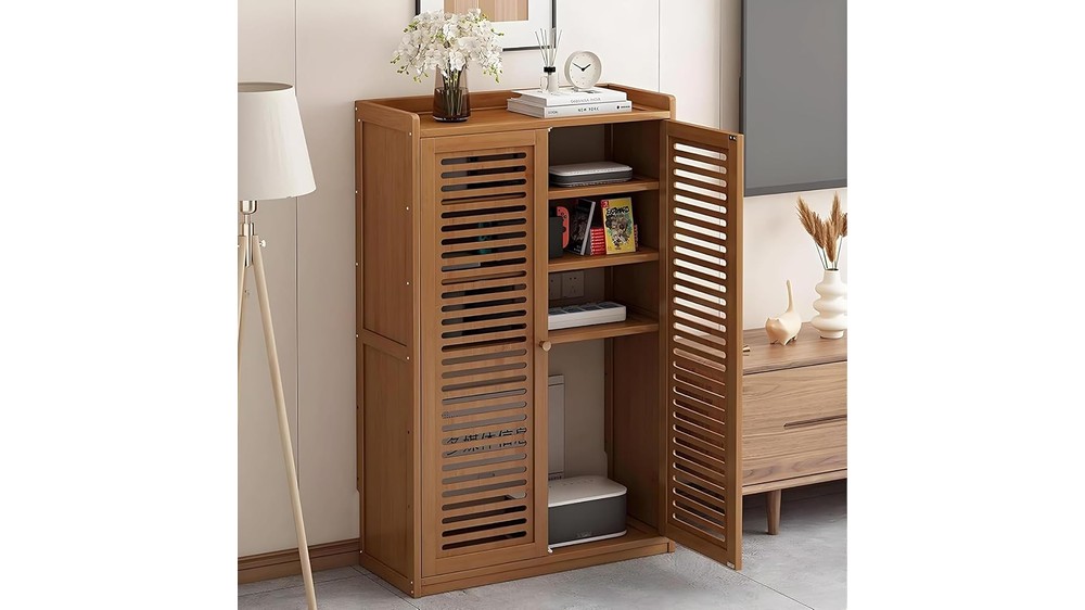 Floor Standing WiFi Router Storage Cabinet with Wood Grill
