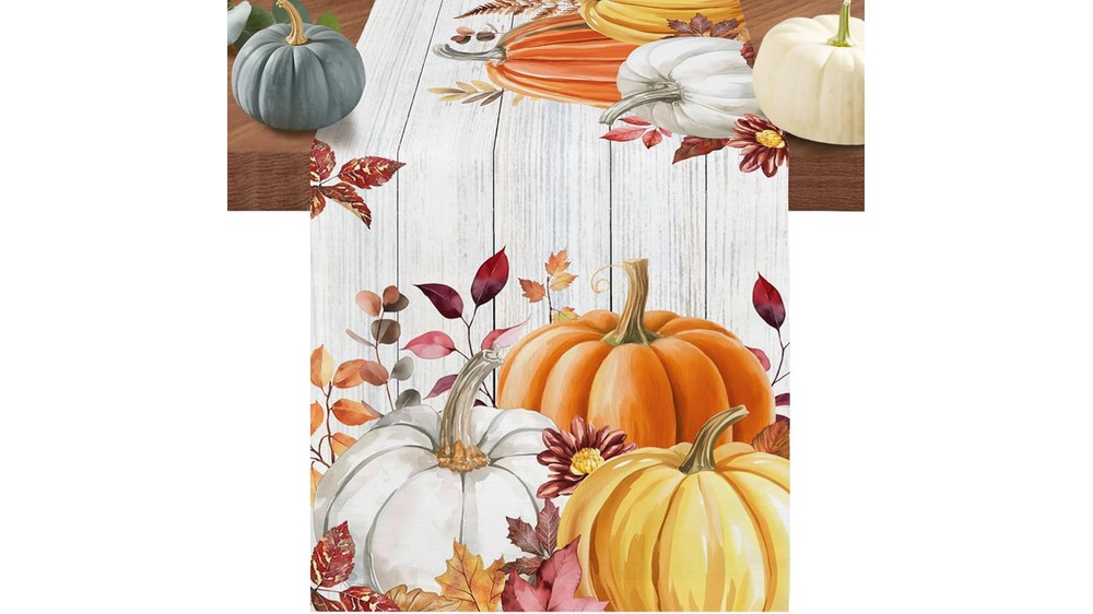 orange and white pumpkin cotton linen table runner, 70 inches