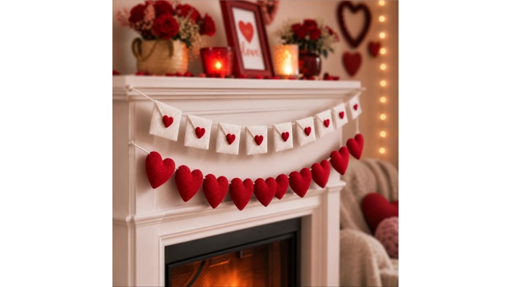 Whaline 2 piece Valentine felt banner red heart and white envelope, valentines mantel decor
