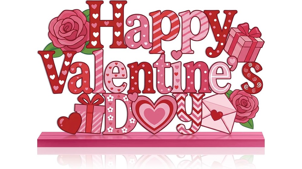 Happy Valentines Day metal tabletop sign with wood base, valentines table decor