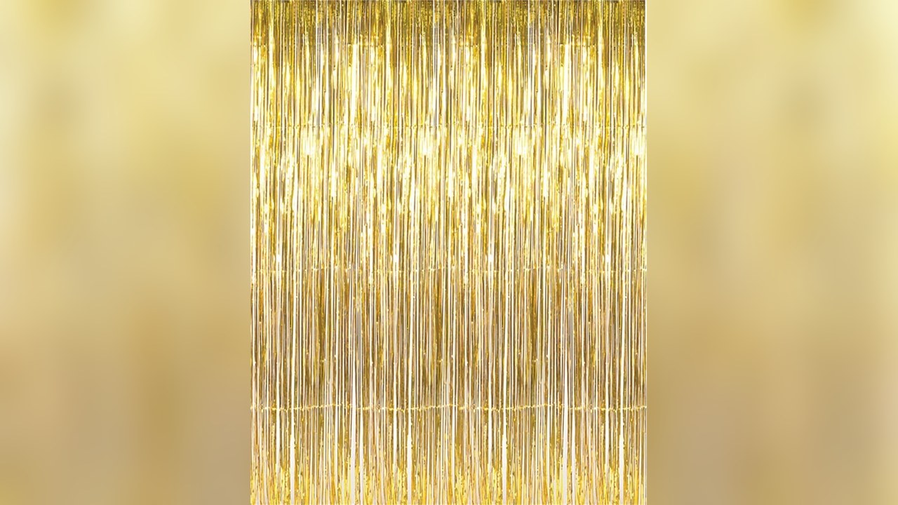 Gold foil fringe curtain hung as a photo backdrop