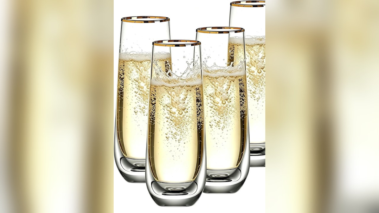 Stemless gold rim champagne flutes ready for a midnight toast