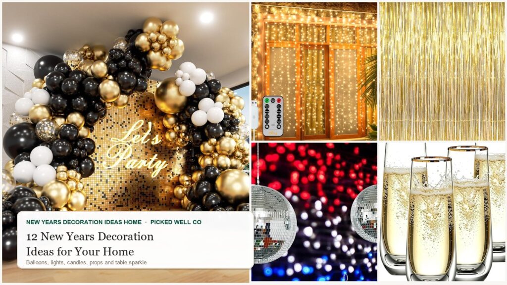 Collage of 12 new years decoration ideas home: balloon arch, curtain lights, candles and gold fringe backdrop