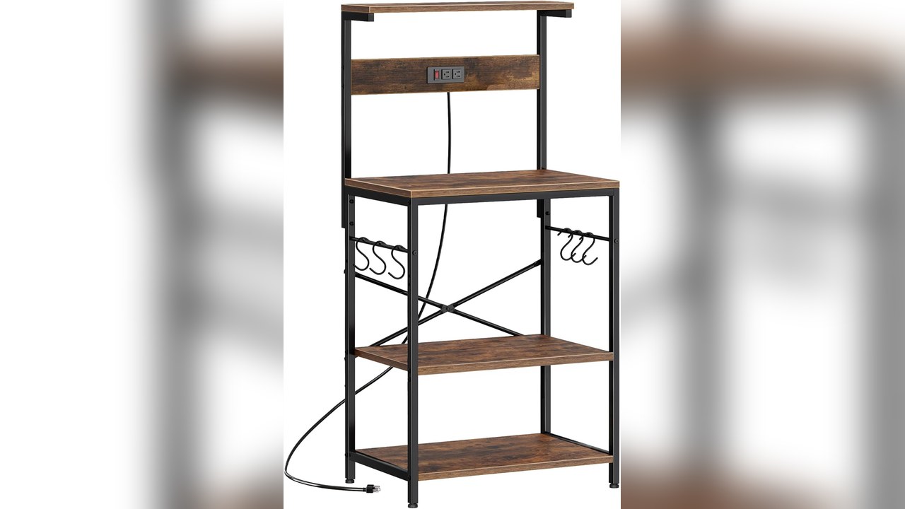 SUPERJARE rustic brown bakers rack with black frame holding a microwave, rice cooker and blender on open shelves