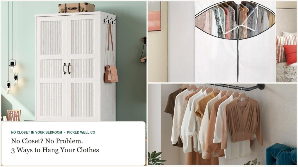 Collage of no closet bedroom picks: a white armoire, a portable fabric closet and a wall mounted clothes rack