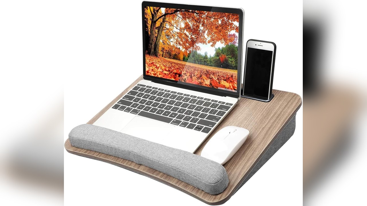 HUANUO woodgrain laptop lap desk with gray cushion, wrist pad and tablet holder
