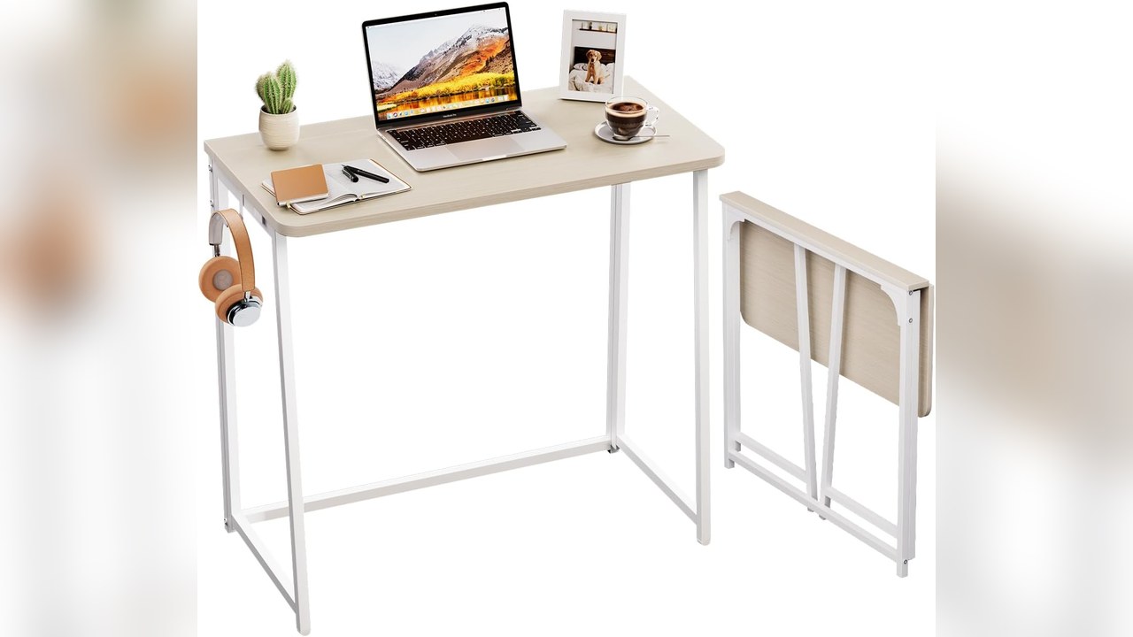 WOHOMO oak folding desk 31.5 inch shown open with a laptop next to the folded desk