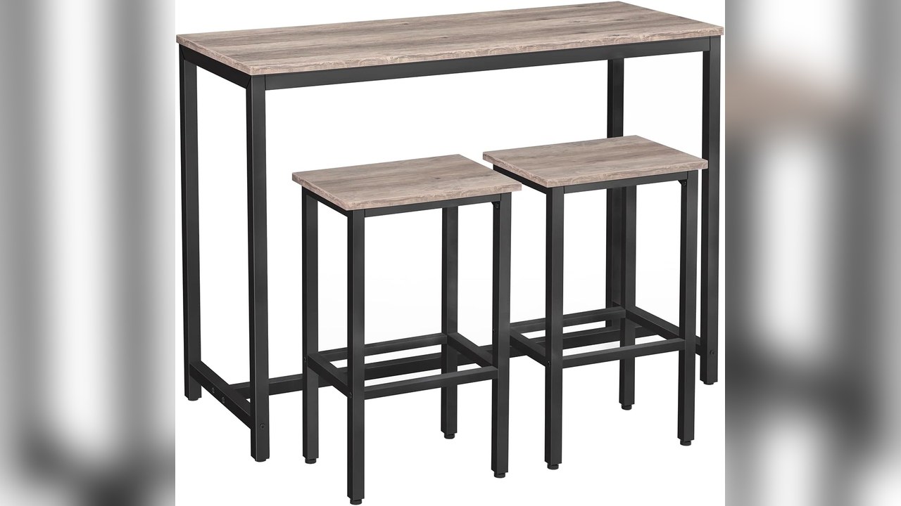 HOOBRO greige rectangular bar table with two matching stools in a small bright kitchen corner