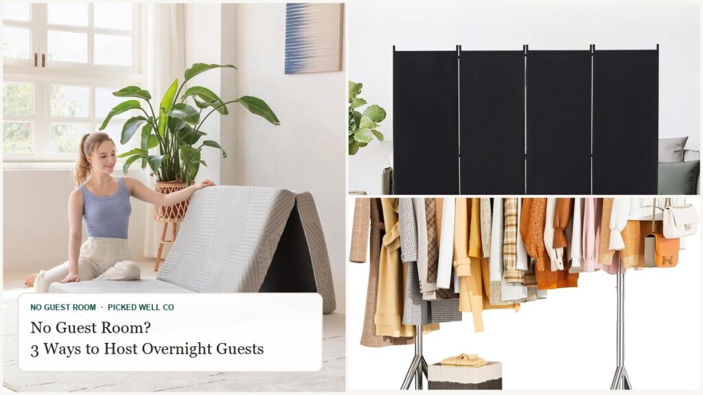 Collage of no guest room picks: a tri-fold floor mattress, a folding privacy screen and a rolling clothes rack
