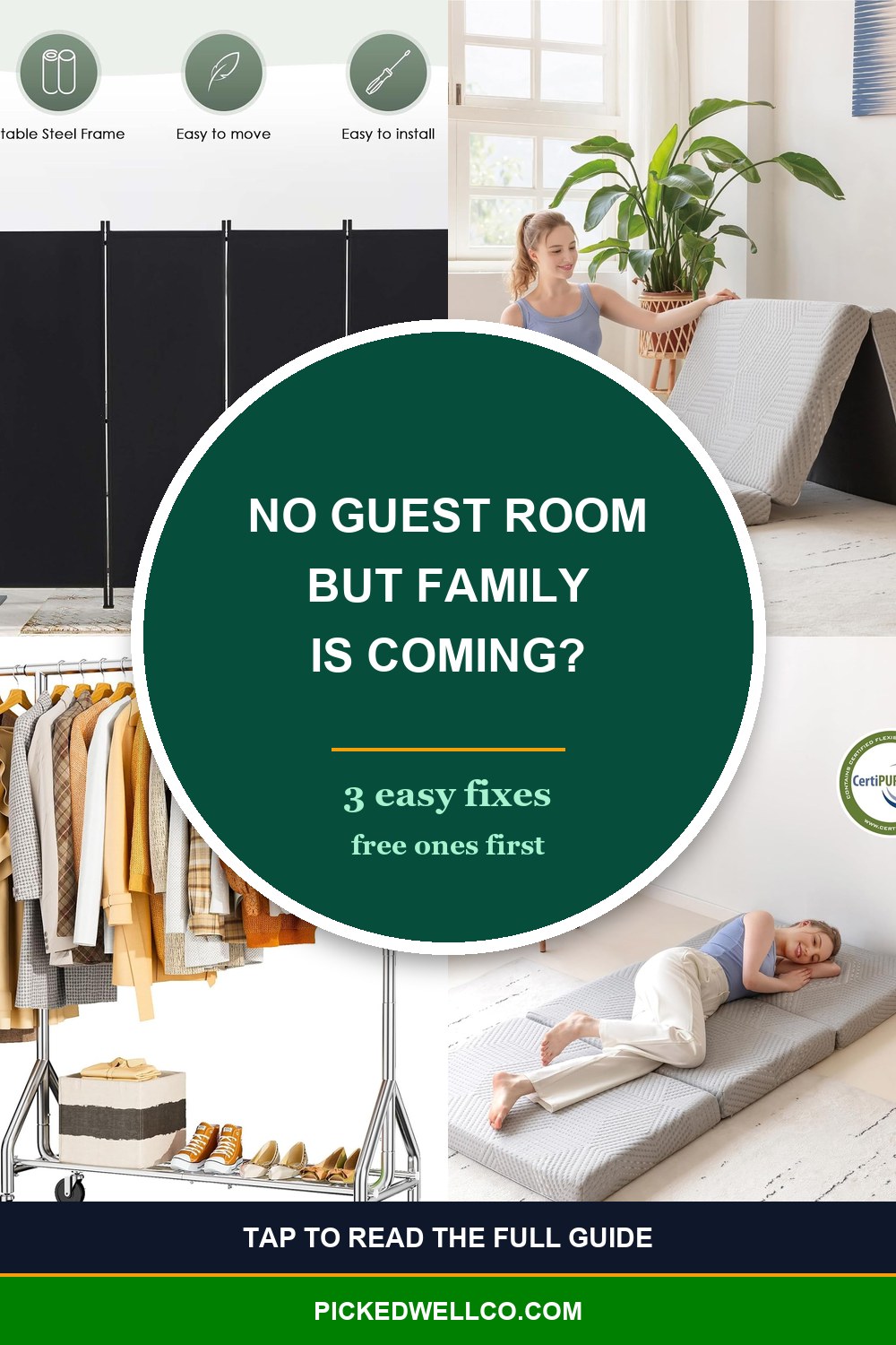 Pinterest pin for no guest room: 3 fixes with a tri-fold floor mattress, a folding privacy screen and a rolling clothes rack for overnight guests