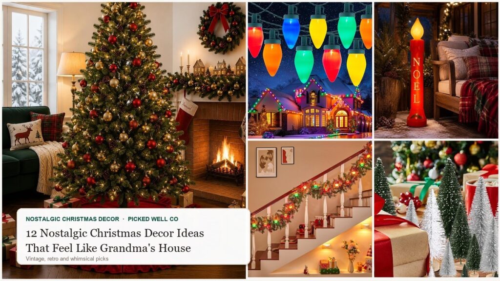 Collage of 12 nostalgic Christmas decor ideas: ceramic tree, C9 lights, glass ornaments, tinsel tree and bubble lights