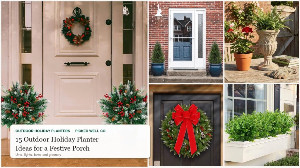 Collage of outdoor holiday planters ideas: lit urn fillers beside a front door, cedar topiary trees, a red velvet bow on a wreath, a stone-look urn and faux boxwood in a window box