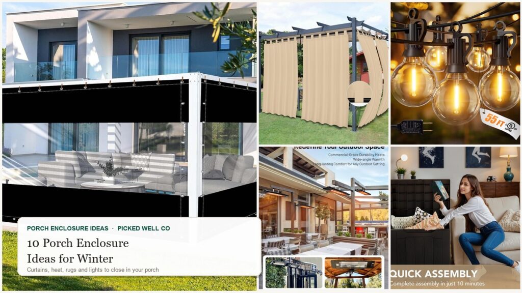 Collage of porch enclosure ideas for winter: clear vinyl curtains, heater, rug and string lights