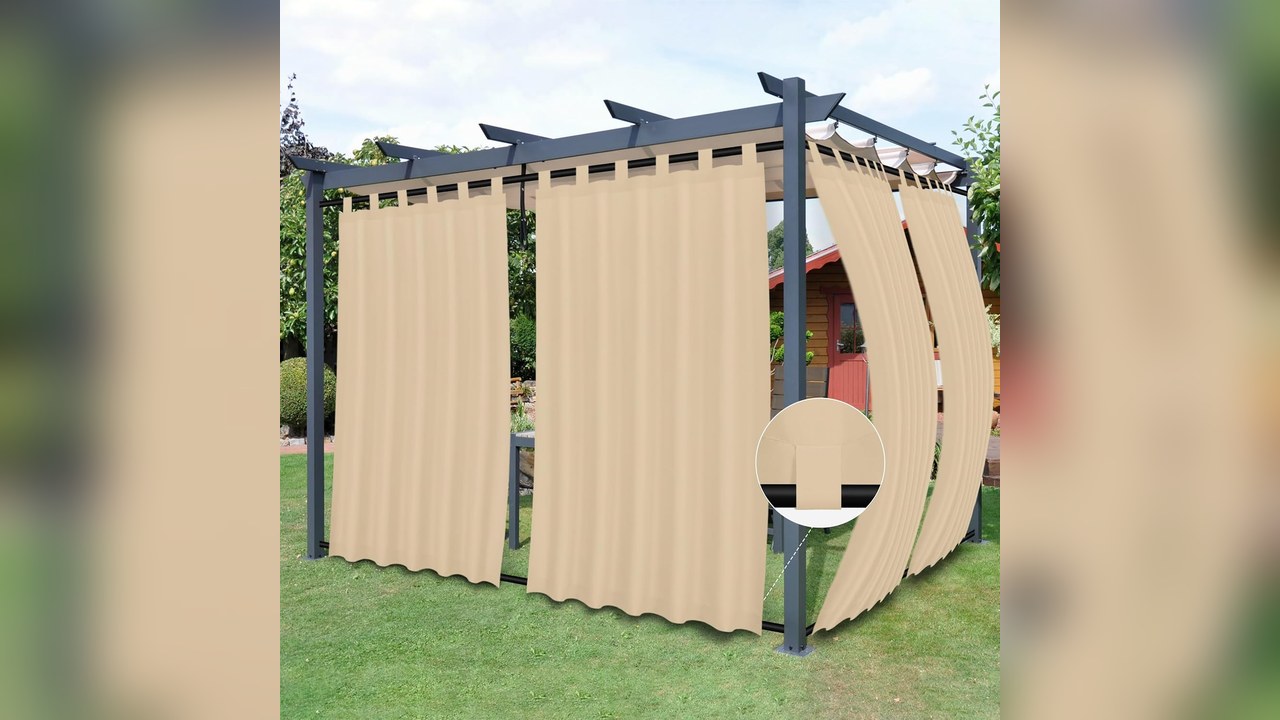 Beige weatherproof outdoor curtains on a winter porch