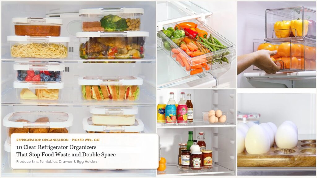 Refrigerator organizers collage with stacked deli containers, under-shelf drawer, fridge turntables, pull-out bins and egg tray
