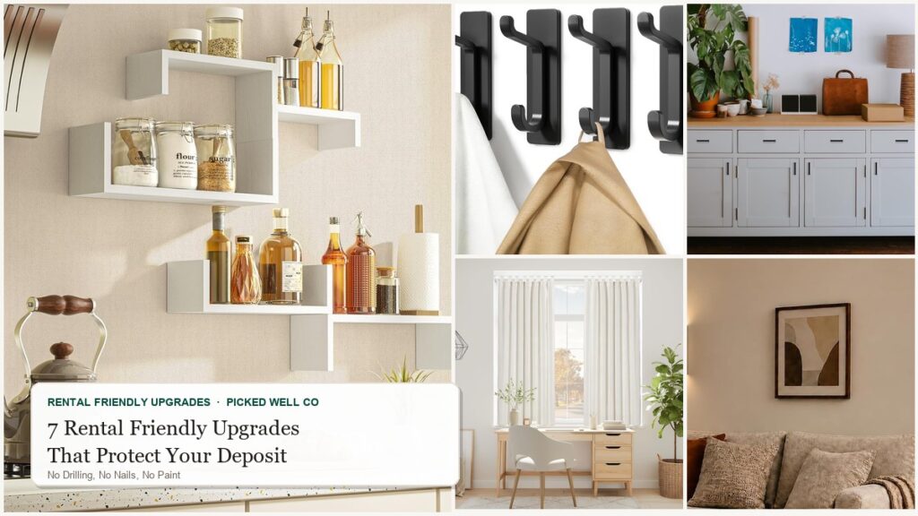 Collage of rental friendly upgrades: peel and stick wallpaper, battery wall sconces, adhesive hooks, cabinet pulls and tension curtain rod