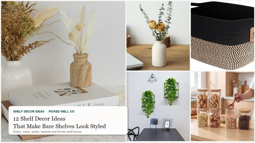 Collage of 12 shelf decor ideas: decorative books, ceramic vases, faux pothos and woven baskets