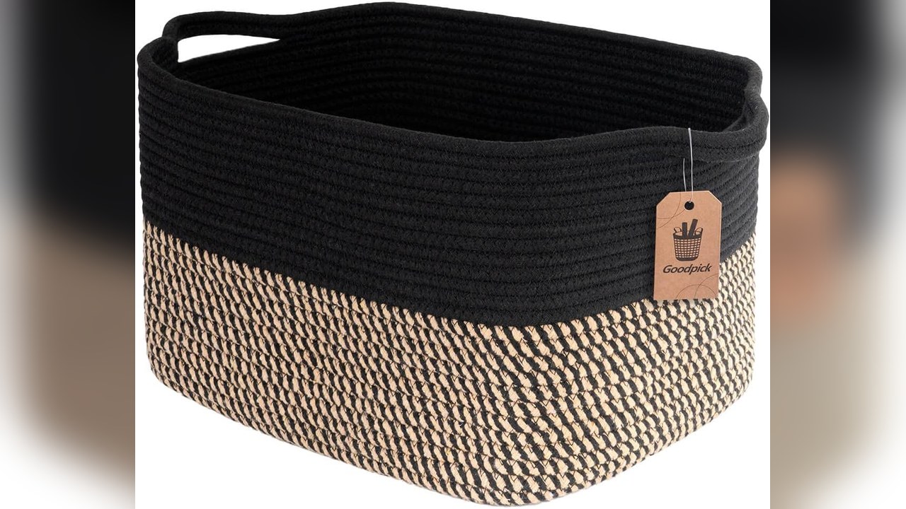 Woven storage basket on a shelf