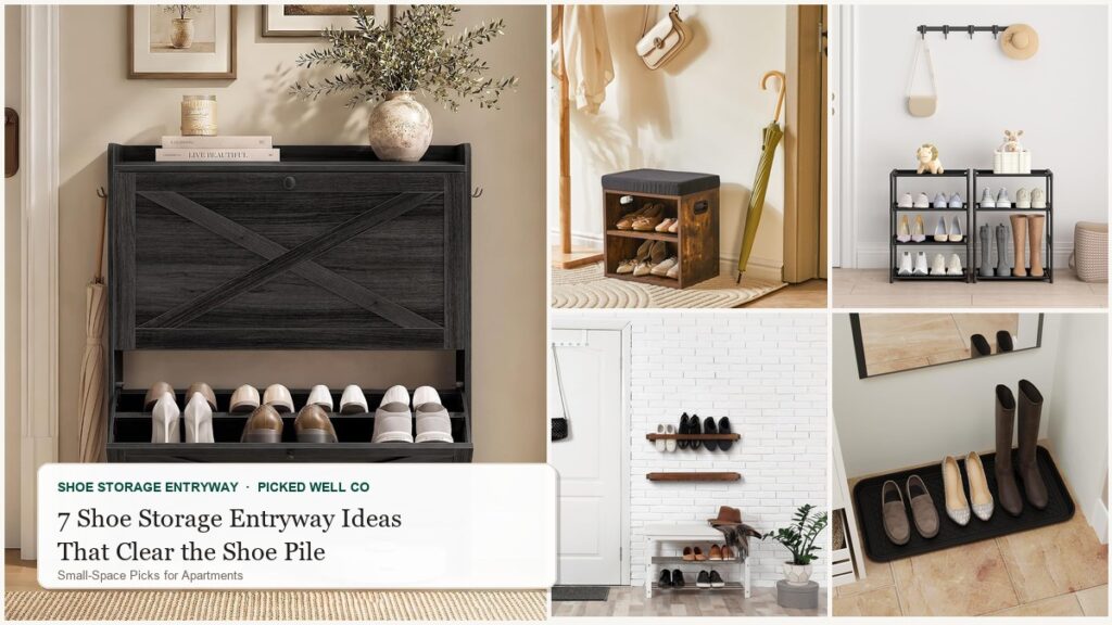 Collage of shoe storage entryway ideas: shoe bench, narrow cabinet, wall racks and boot tray