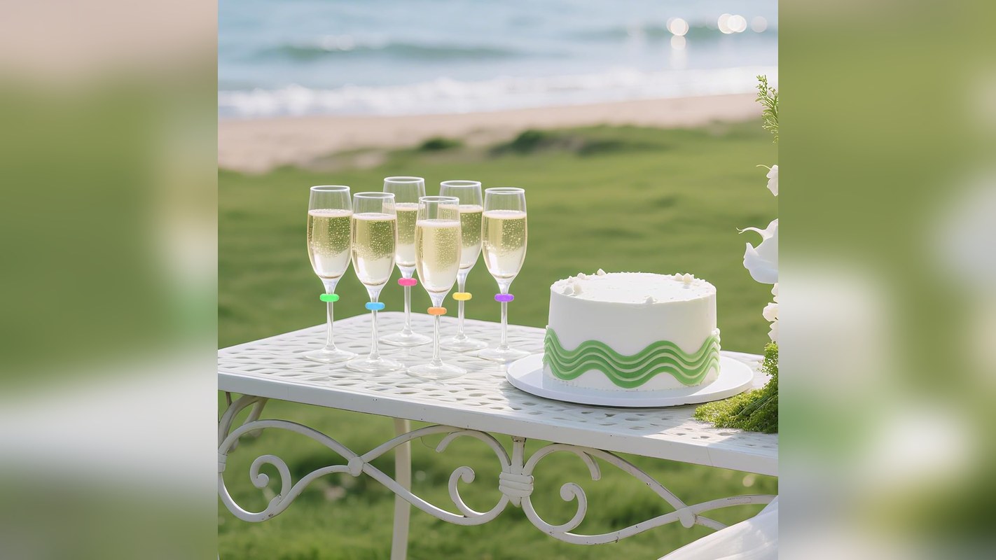 Colored silicone charms on champagne flutes at a party table
