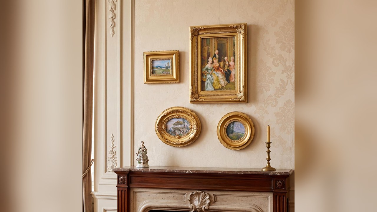 Vintage gold picture frames grouped on a living room wall
