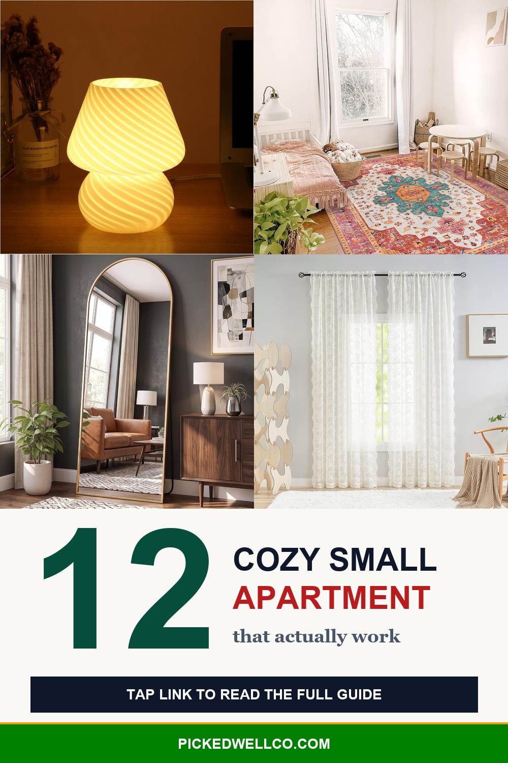 12 small apartment aesthetic cozy ideas pin showing mushroom lamp, vintage rug, arched mirror and lace curtains