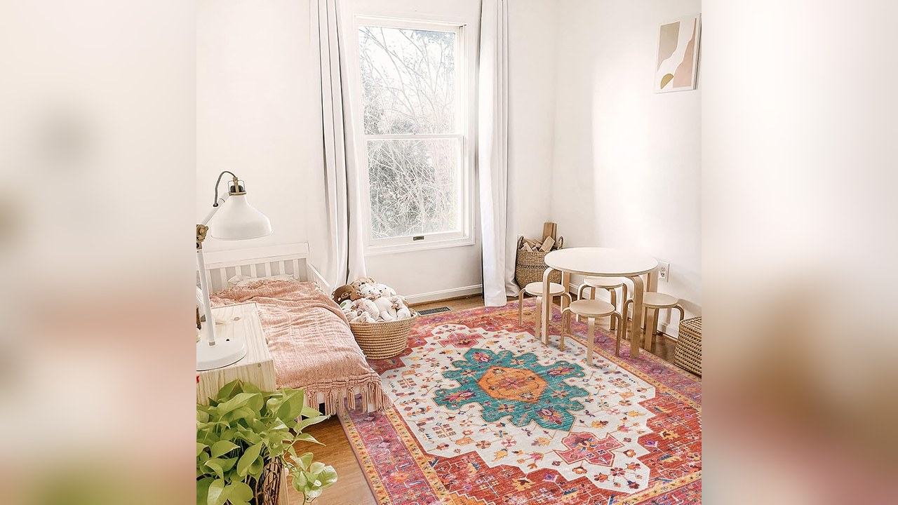Washable vintage floral rug in a small living room with a sofa