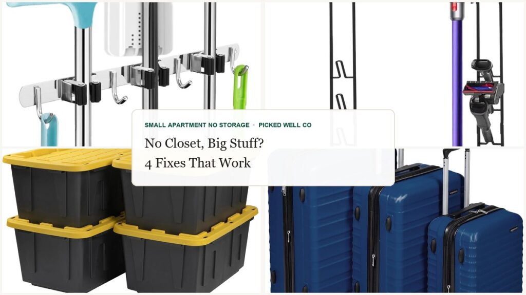 Collage of big-item storage for a small apartment with no closet: a broom holder, vacuum stand, storage bins and a luggage set