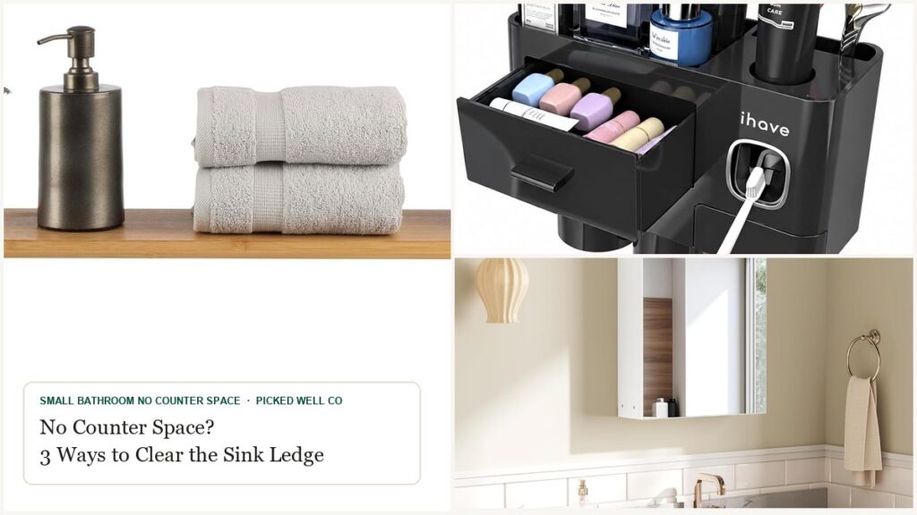 Collage of small bathroom no counter space picks: a wall mounted toothbrush holder, a bamboo sink shelf and a medicine cabinet