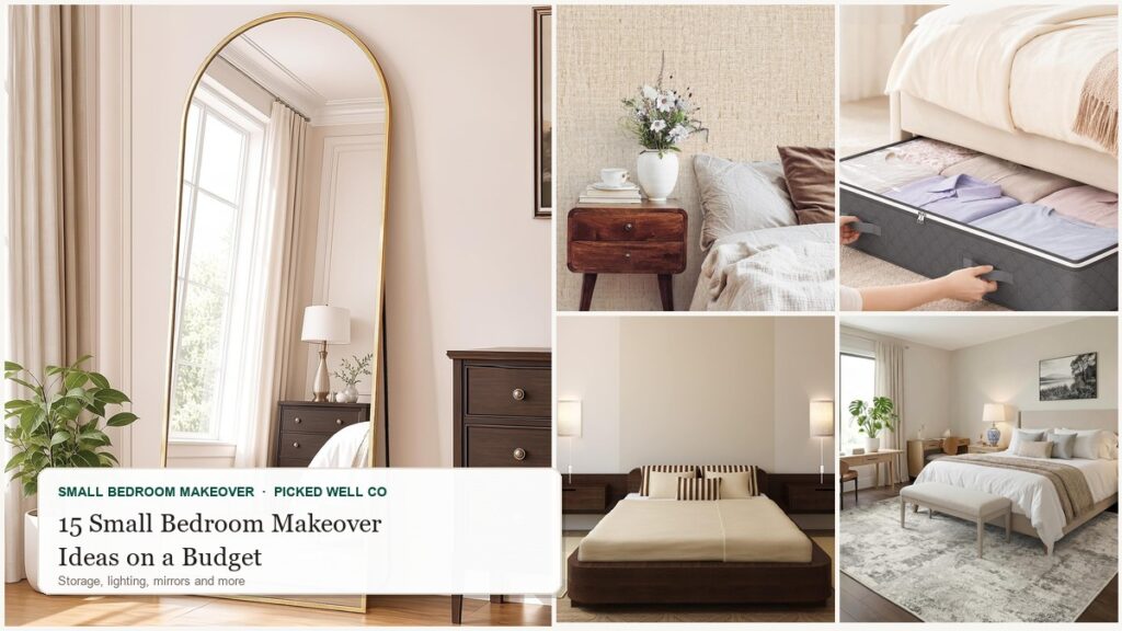 Collage of small bedroom makeover on a budget ideas: an arched mirror, grasscloth wallpaper behind a bed, under-bed storage, plug-in sconces and a washable rug