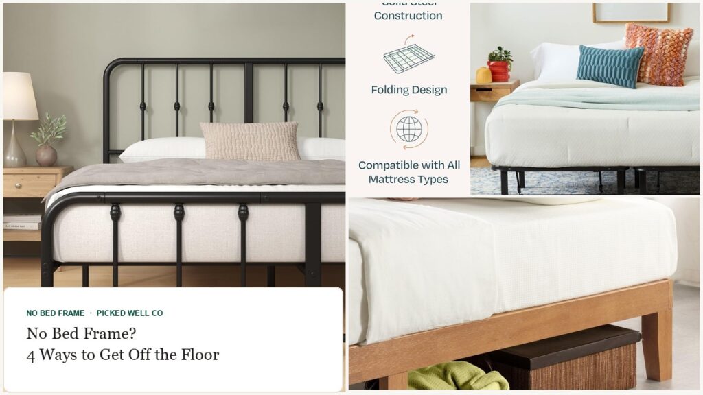 Collage of small bedroom no bed frame picks: a folding metal frame, a solid wood platform bed, a headboard bed and a floor bed base