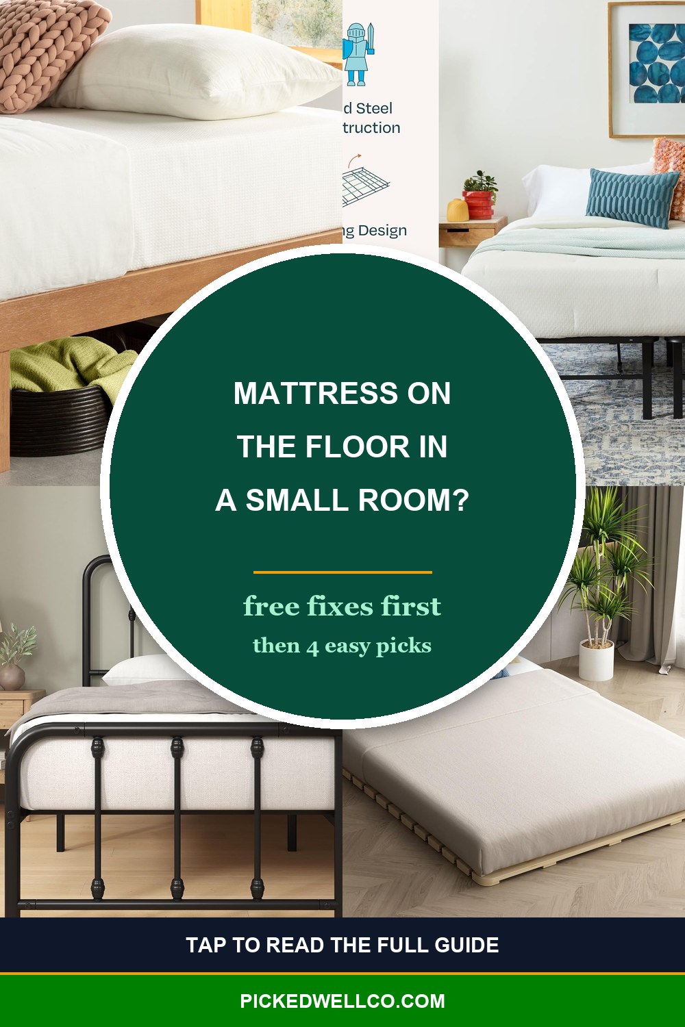 Pinterest pin for small bedroom no bed frame: 4 ways to get your mattress off the floor with a folding frame, wood platform bed, headboard bed and floor bed base