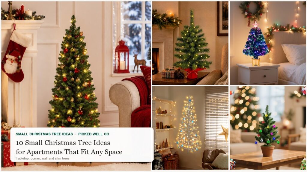 Collage of small Christmas tree ideas for apartments: slim pencil tree, tabletop tree, wall tree, fiber optic tree and woven tree collar