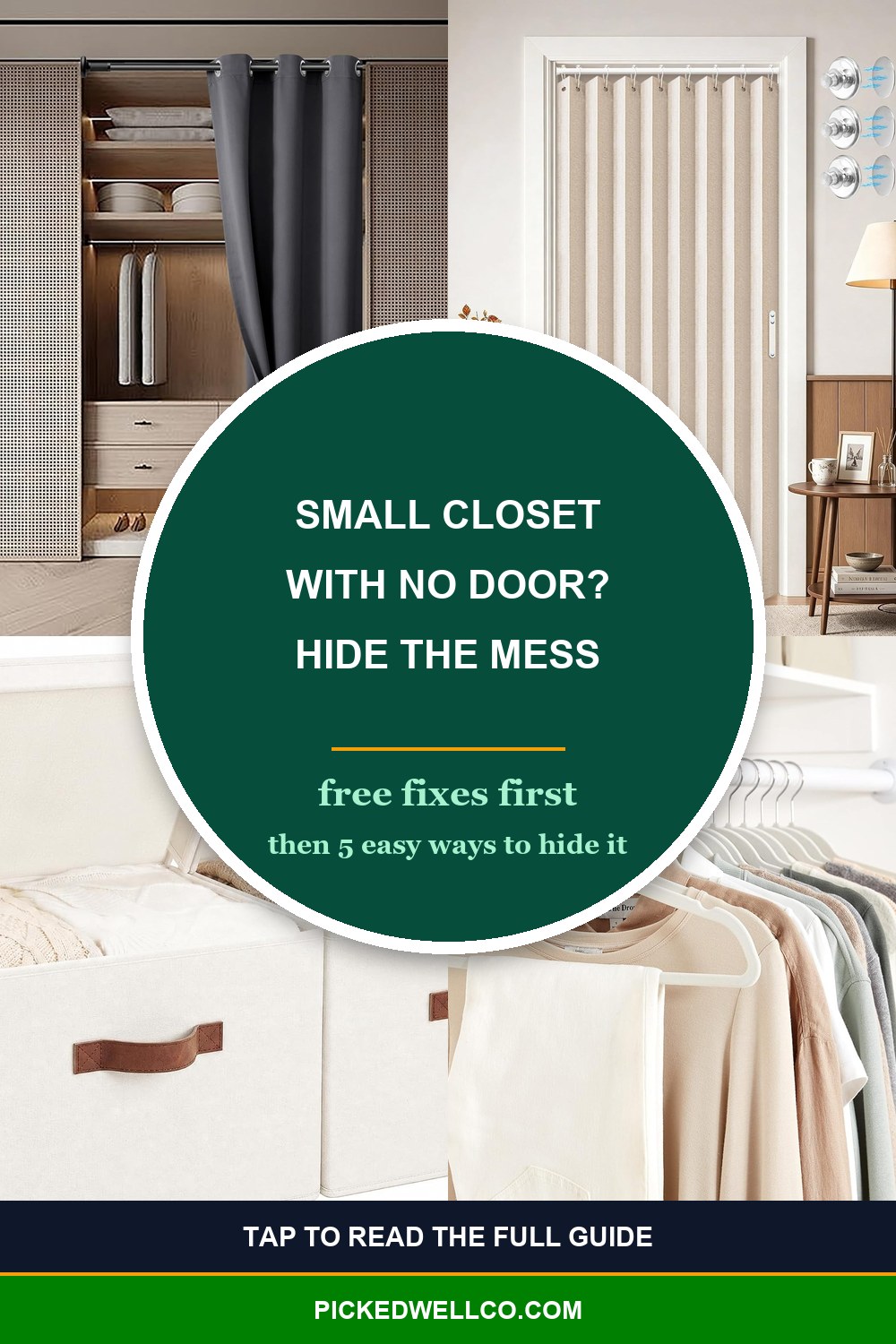 Small closet no door ideas: Pinterest pin with free fixes and product picks