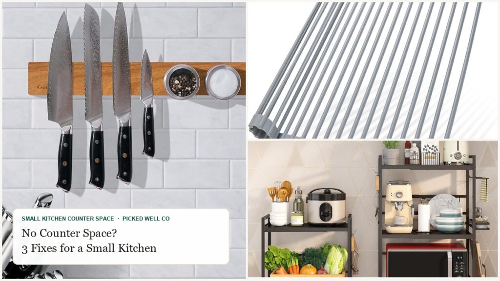 Collage of small kitchen counter space picks: a magnetic knife holder, an over the sink drying rack and a microwave oven rack