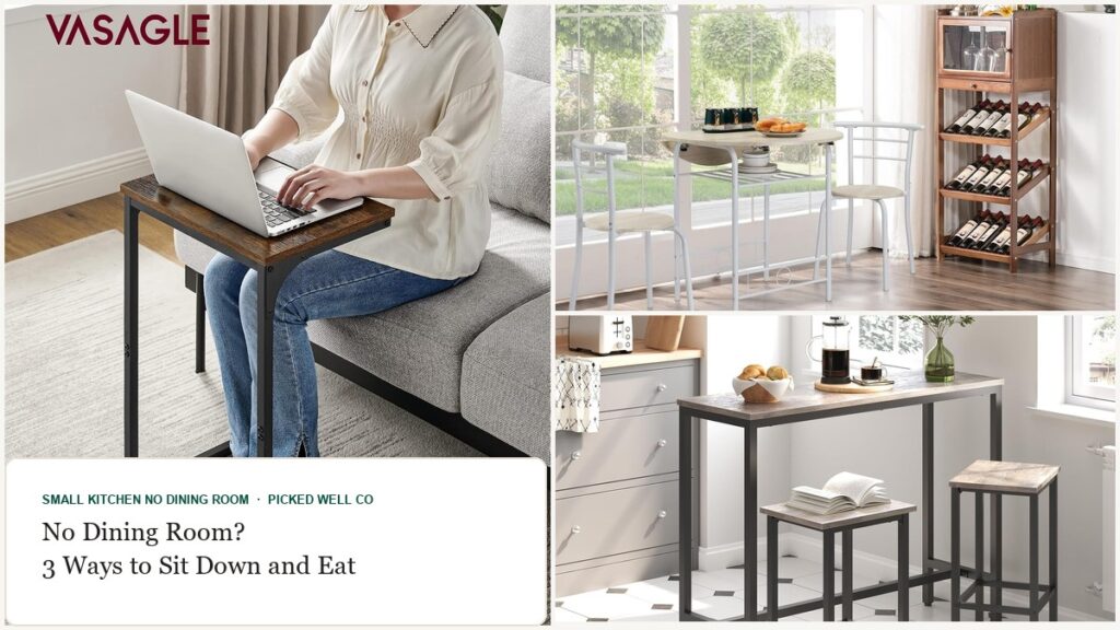 Collage of small kitchen no dining room picks: a couch C table, a drop leaf table set and a bar height table with stools