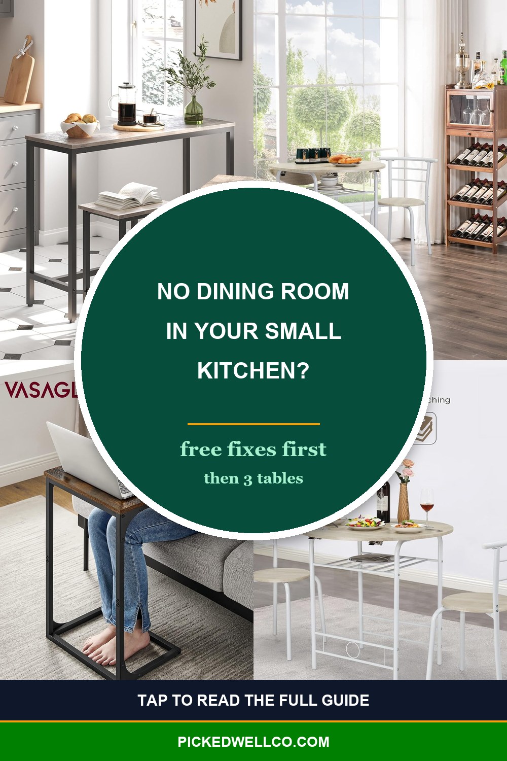 Pinterest pin for small kitchen no dining room: 3 fixes with a drop leaf table set, a pub table with stools and a couch C table