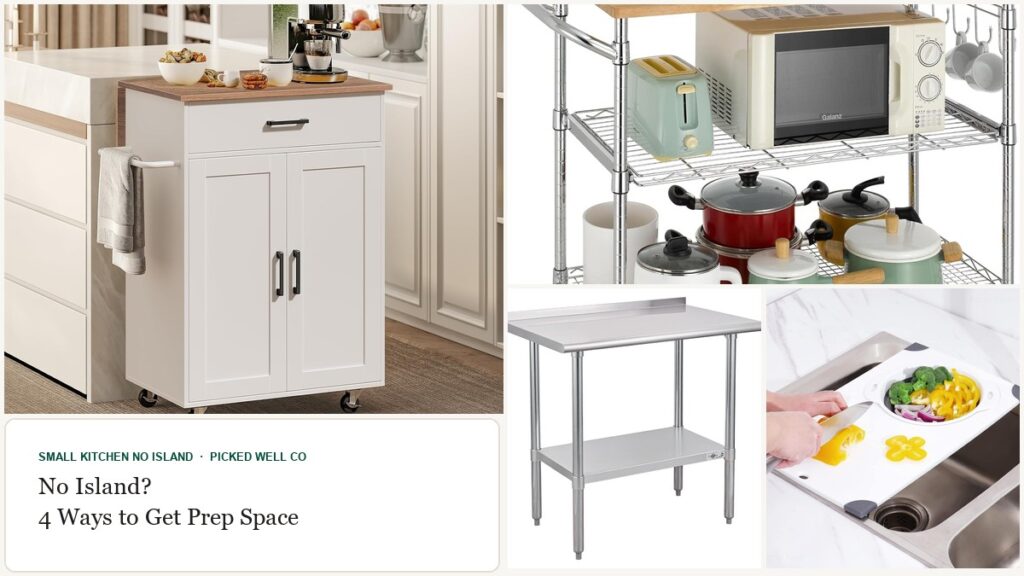 Collage of small kitchen no island picks: a rolling cart, a drop leaf island, a stainless prep table and an over-sink cutting board
