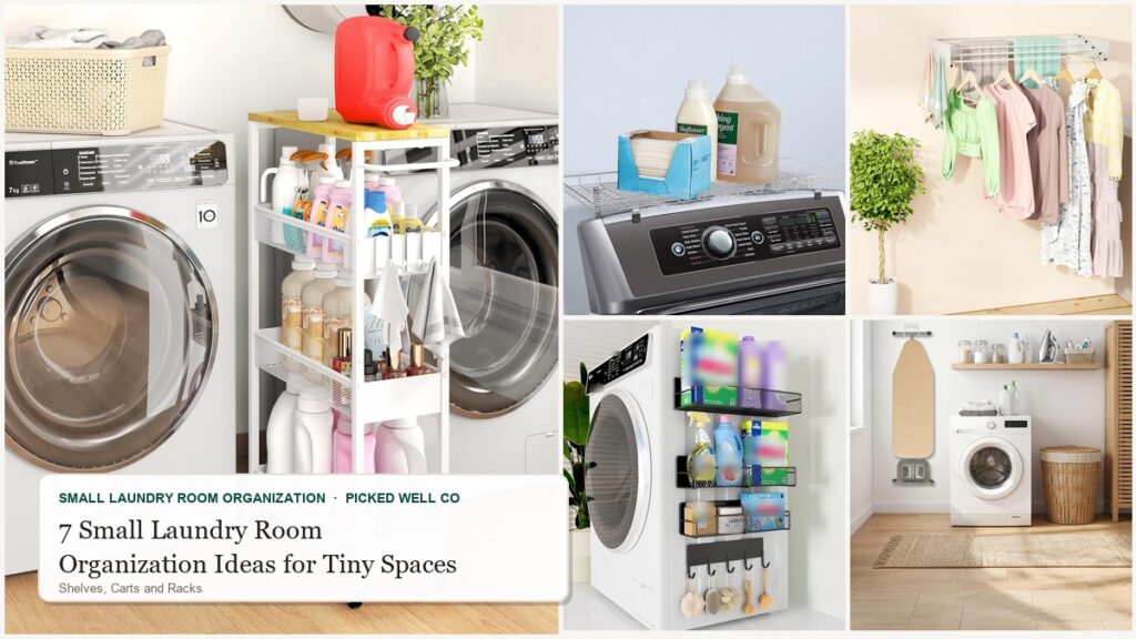 Collage of small laundry room organization ideas: over the washer shelf, slim rolling cart, wall drying rack and magnetic shelves