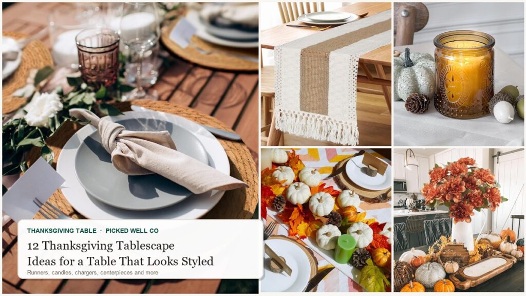 Collage of 12 Thanksgiving tablescape ideas: woven chargers, a boho table runner, cream pumpkins, amber votives and orange mums