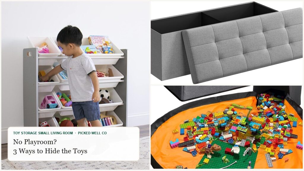 Collage of toy storage small living room picks: a toy organizer with bins, a folding storage ottoman bench and a play mat toy bin