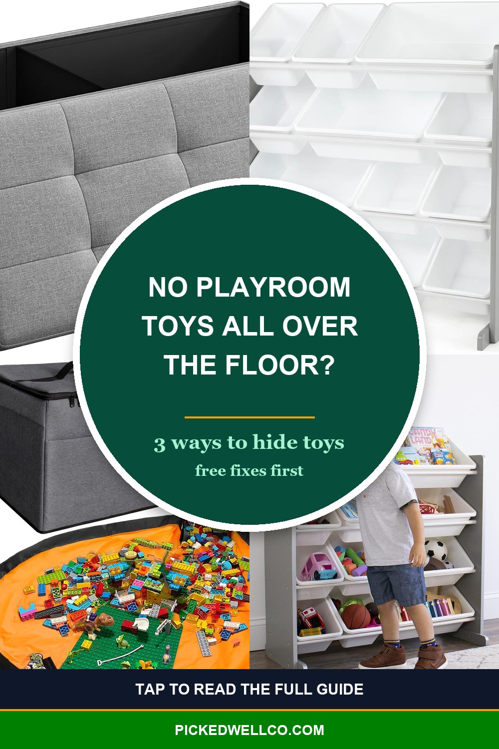 Pinterest pin for toy storage small living room: 3 ways to hide toys with a toy organizer with bins, a folding storage ottoman bench and a play mat toy bin