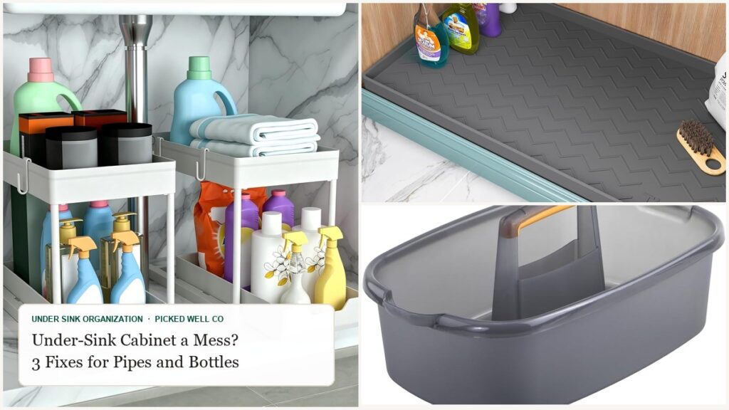 Collage of under sink organization picks: a two-tier sliding organizer, a silicone cabinet mat and a cleaning caddy