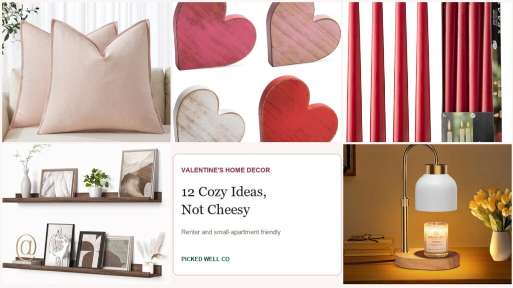 Valentine's home decor ideas: pillow covers, candles, wooden hearts and a picture ledge for a cozy look