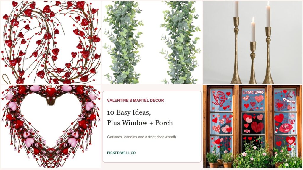 Valentine's mantel decor ideas: heart garland, eucalyptus, vintage candle holders, window clings and a front door wreath