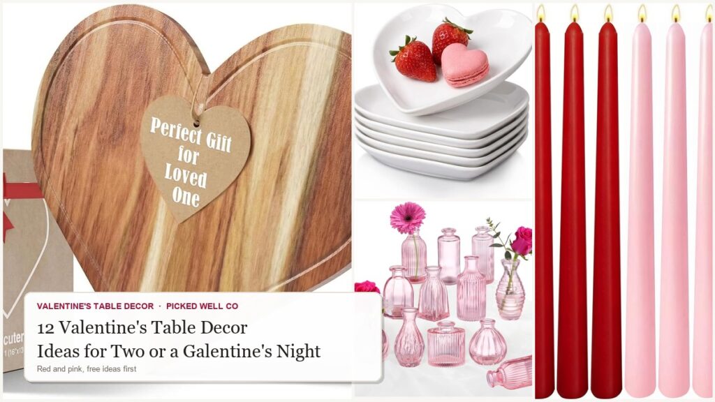 Valentine's table decor ideas for two: heart board, plates, bud vases and taper candles