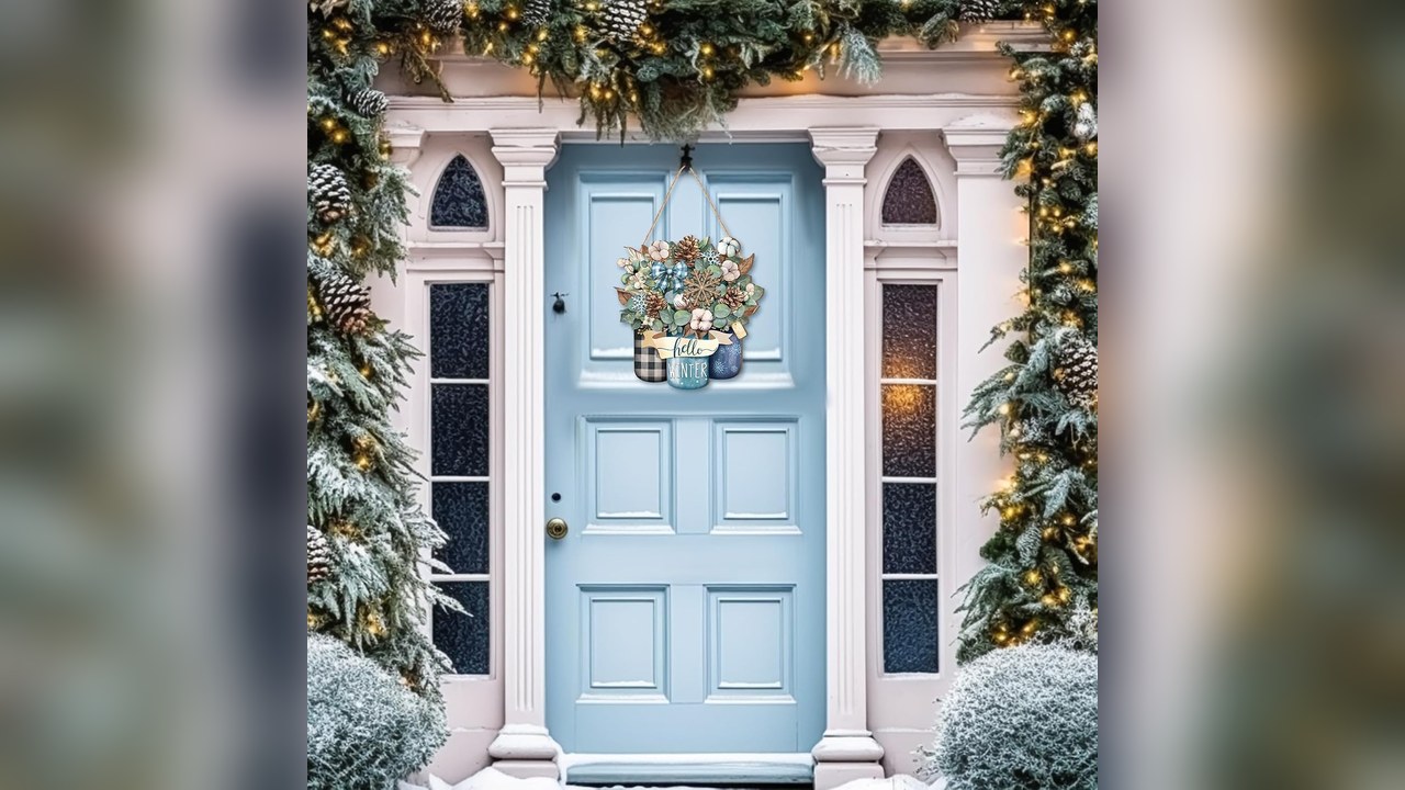 Wooden Hello Winter snowflake hanger on a front door