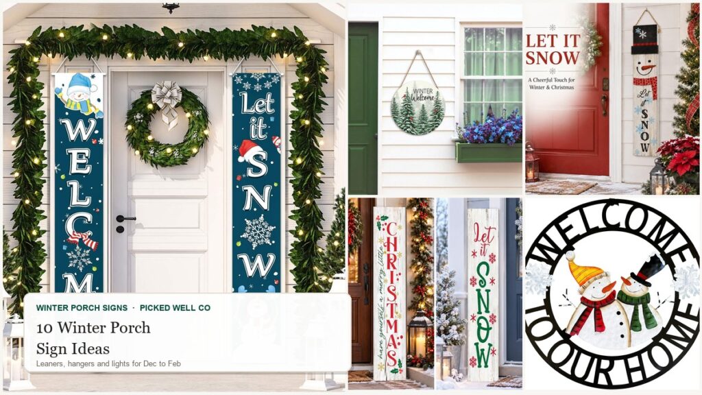 Collage of winter porch signs ideas: eucalyptus, fall harvest, Christmas berry and flocked winter wreaths