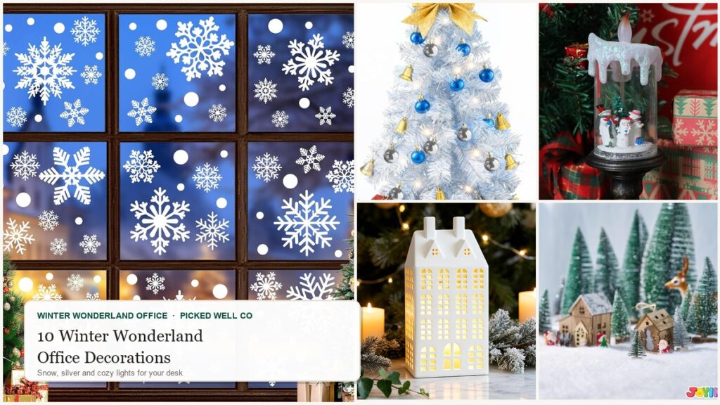 Collage of winter wonderland office ideas: eucalyptus, fall harvest, Christmas berry and flocked winter wreaths