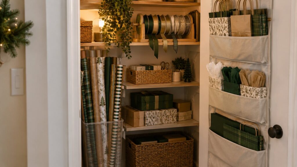 Small closet with wrapping paper rolls standing upright in a clear bin, ribbon spools on a shelf and gift bags in an over-the-door organizer